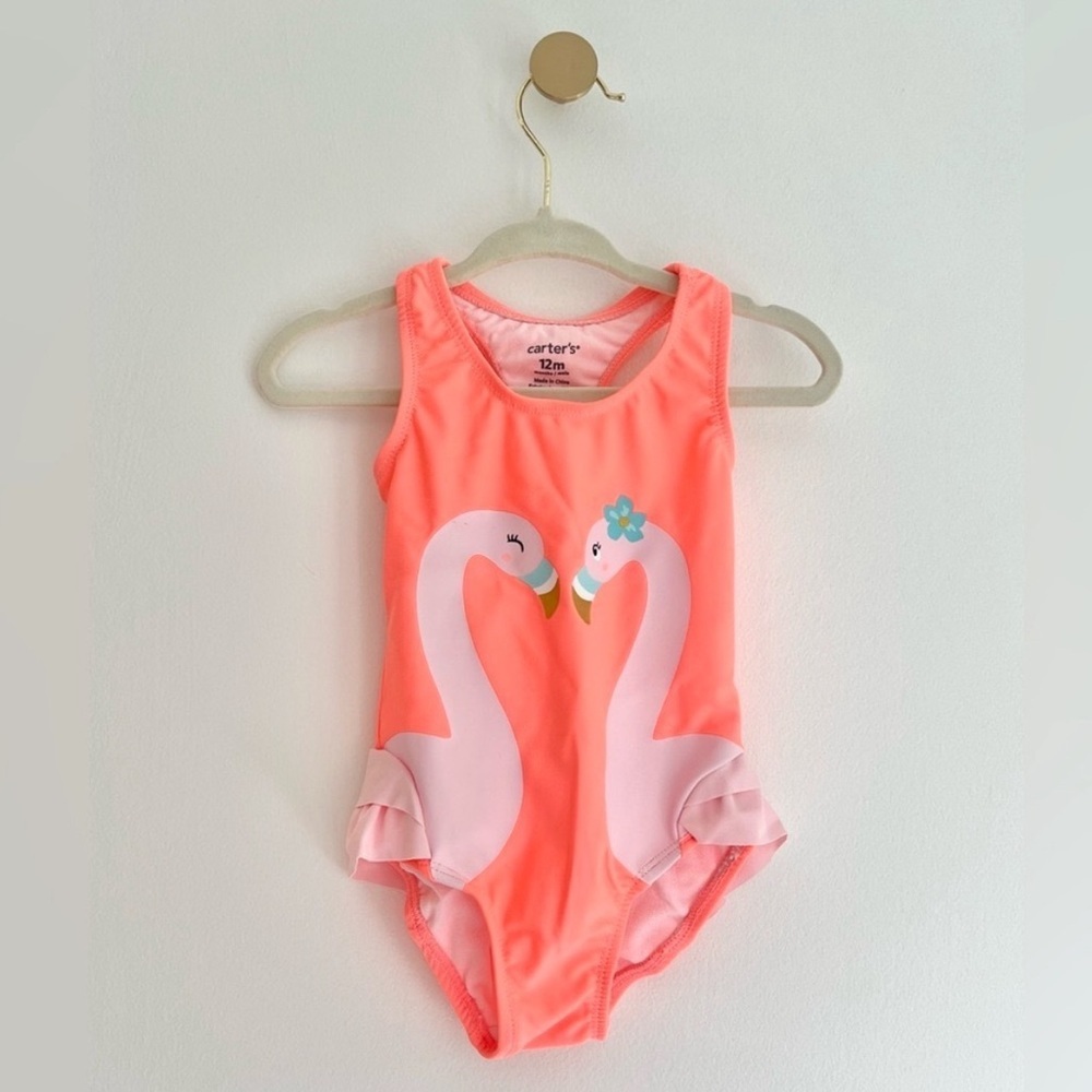 Carter's Coral Peachy Orange Flamingo Swimsuit with Ruffles Baby 12-18 Months - Picture 4 of 4